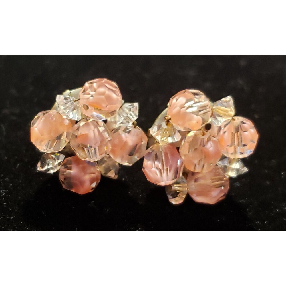 Vintage Unsigned Clip On Earrings, Cluster of Pink and Clear Beads